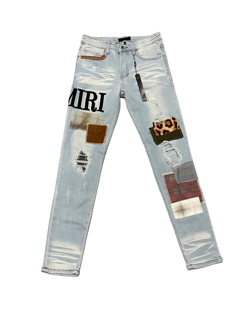 AMIRI Light Blue Patchwork Skinny Jeans with Leopard Accent